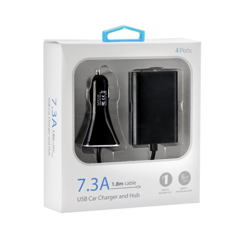 Φορτιστής αυτοκινήτου BlueStar με 4 USB PORTS 7.3A με Καλώδιο 1.8m - Μαύρο