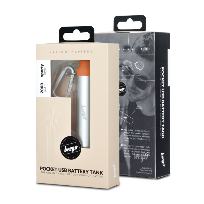 Powerbank 2000mAh Beeyo Pocket USB Battery Tank - Πορτοκαλί