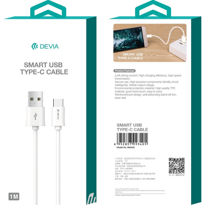 Καλώδιο Φόρτισης και Μεταφοράς Δεδομένων Devia USB Type-C - Άσπρο