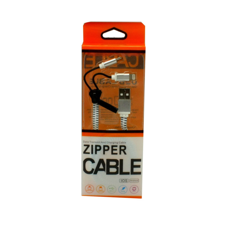 Καλώδιο Φόρτισης και Μεταφοράς Δεδομένων Zipper 2 Σε 1 USB / Lighting Άσπρο 1m
